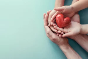 adult and child hands holding red heart, heart health