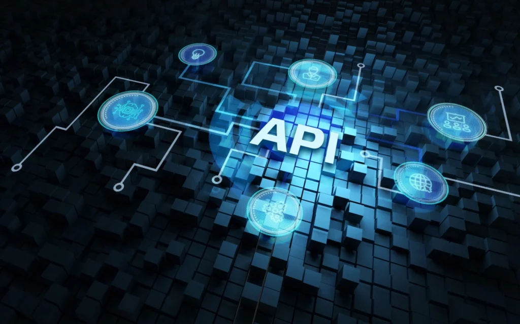 Schéma d’intégration API sur fond technologique bleu