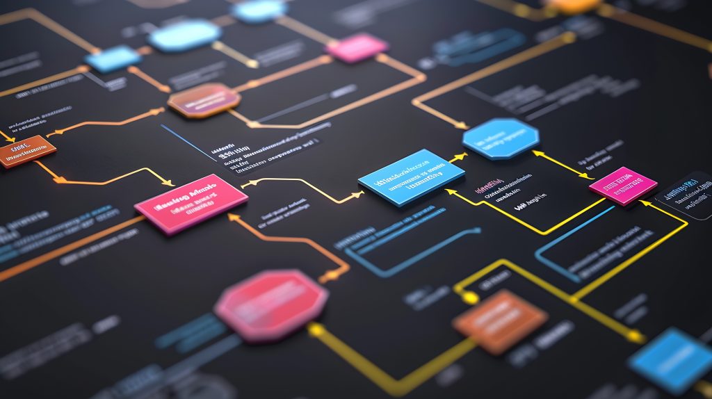 Schéma complexe de workflow multicolore sur fond noir